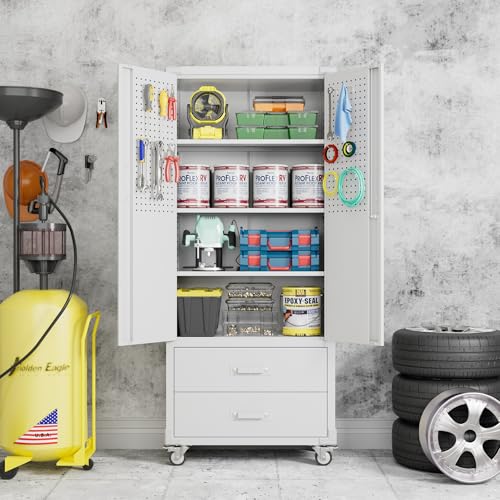 Aobabo 73''H Metal Garage Storage Cabinet with Wheels and Pegboards, 4 Adjustable Shelves Steel Storage Cabinets for Home,Warehouse,Garage,Assembly Required,White