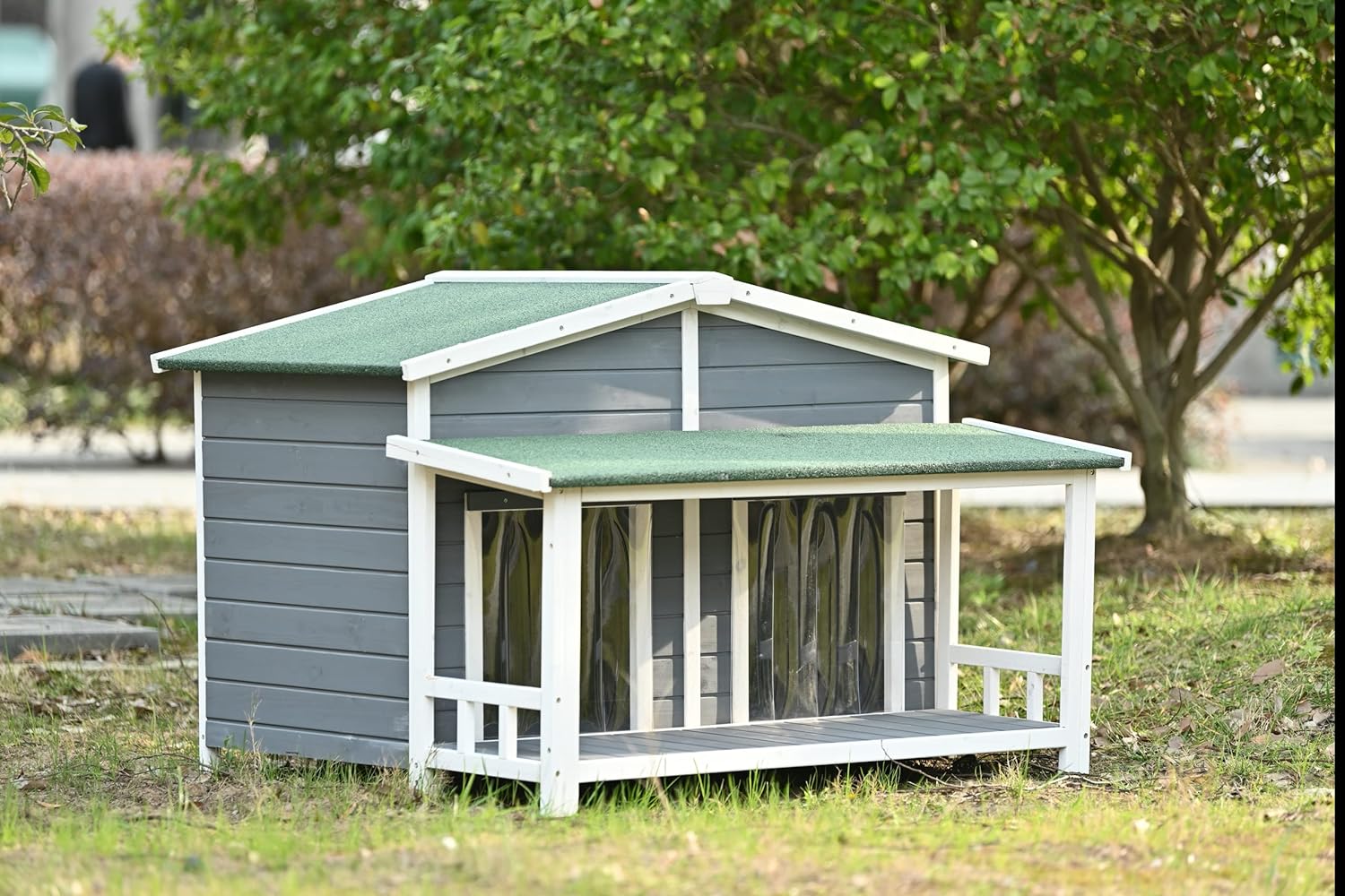 Large Wooden Dog House Outdoor, Outdoor & Indoor Dog Crate, Cabin Style, With Porch, 2 Doors, Gray And Green