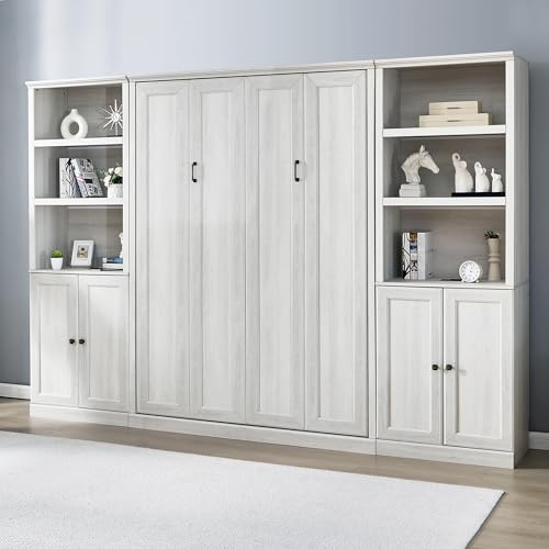 Full Size Murphy Bed with Storage Cabinet, Drawers and Shelves, Wood Vertical WallBed Foldable Platform Bedframe for Bedroom, Space Saving, White