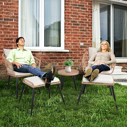3 Pieces Patio Bistro Set, Outdoor Wicker Table and Chairs Set of 2, Rattan Balcony Furniture Set with Cushions for Front Porch Apartment Backyard Deck,Beige