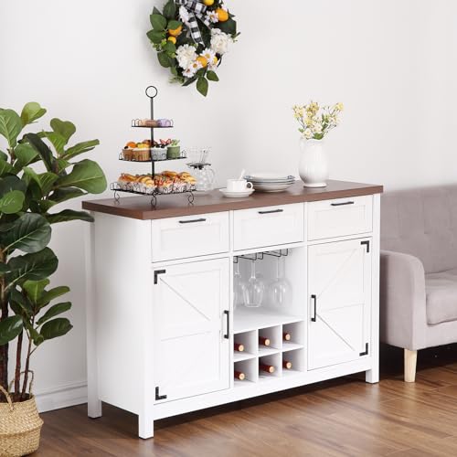 48” Farmhouse Buffet Cabinet - Sideboard with 3 Drawers, 2 Barn Doors, Wine & Glass Rack, Storage Shelves, Ideal for Dining Room, Kitchen, Living Room