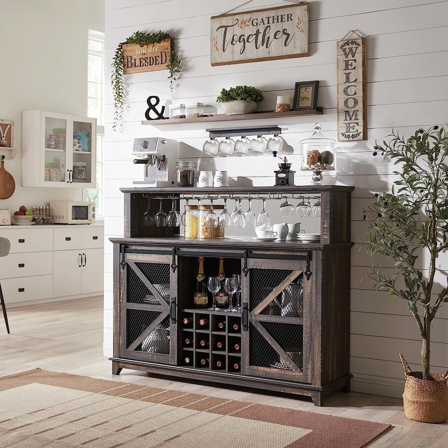 OKD Farmhouse Coffee Bar Cabinet With Racks & LED Light, 55" Double Barn Door Buffet Sideboard Kitchen with Adjustable Shelves(Dark Rustic Oak)