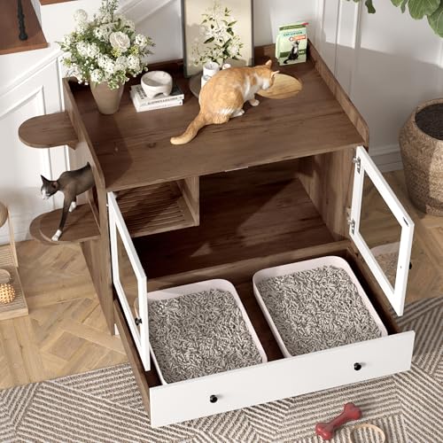 47.25 Inch Multi-Functional Hidden Cat Litter Box Enclosure with Smart Door & LED Light, Modern Cat House with Scratching Post & Stairs, Can be Used as Side Table/TV Stand - White