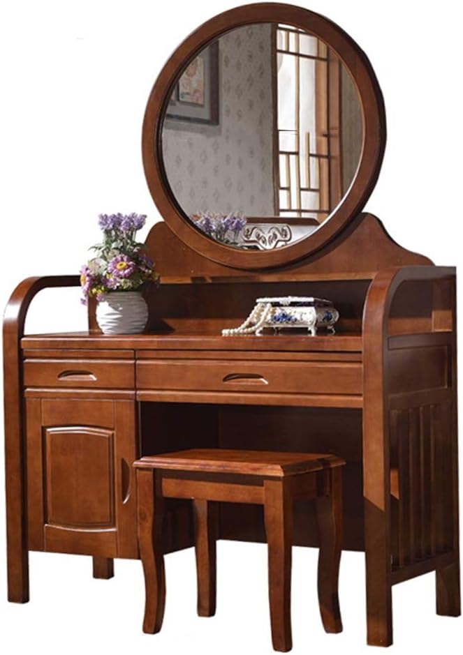 Vanity Table Set Home Vintage Style Dressing Table Padded Stool Oval Mirror Drawers 3pc Set 41.3x17.7x61.8inch