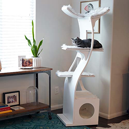 THE REFINED FELINE 69 Inch Tall Black Espresso Lotus Cat Tower, Multi-Level Modern Cat Tree for Indoor Cats with Scratching Post, Climbing Cat Condo with Cushioned Cubby