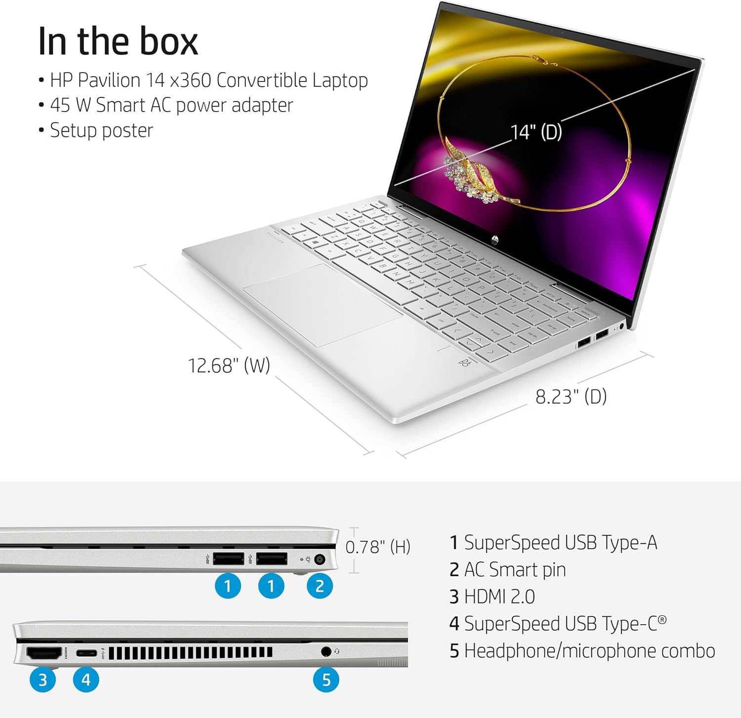 HP 14" FHD Pavilion x360 Convertible Laptop, Intel Core i5-1235U, 8GB RAM, 256GB SSD, Natural Silver, Windows 11 Home, 14-dy2050wm