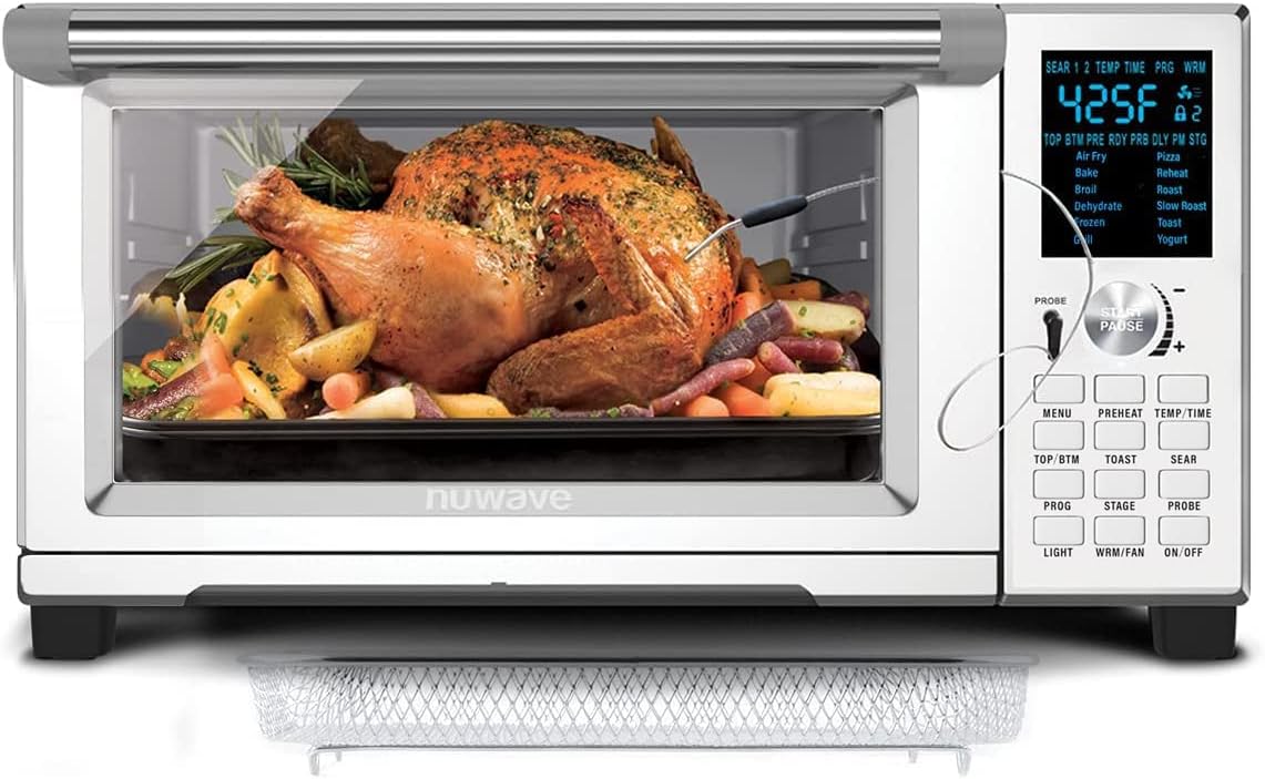 NUWAVE Bravo Air Fryer Toaster Smart Oven, 12-in-1 Countertop Convection, 30-QT XL Capacity, Integrated Temperature Probe for Perfect Results, Heavy Duty Racks with Load of Over 30 Pounds, 50°-500°F Temperature Controls, Top and Bottom Heater Adjustm