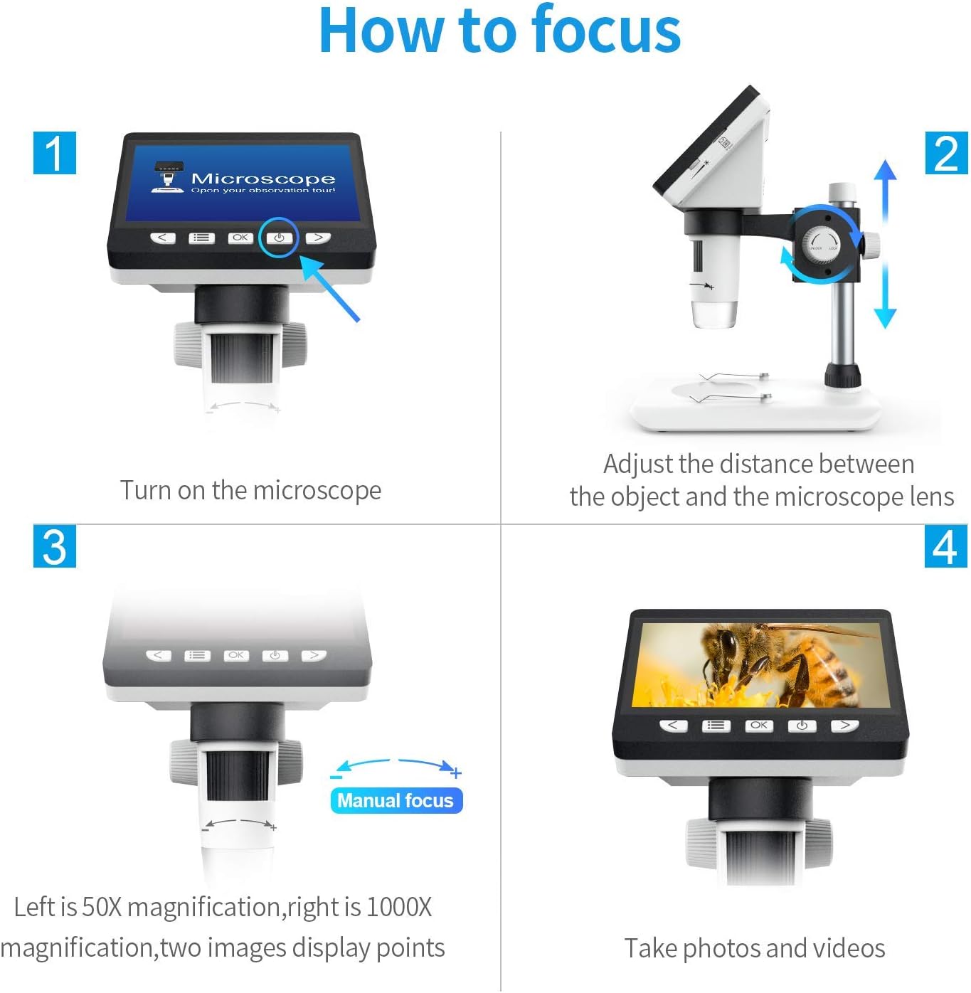 LCD Digital Microscope, SKYBASIC 4.3 inch 50X-1000X Magnification Zoom HD 2 Megapixels Compound 2600 mAh Battery USB Microscope 8 Adjustable LED Light Video Camera Microscope with 32G TF Card