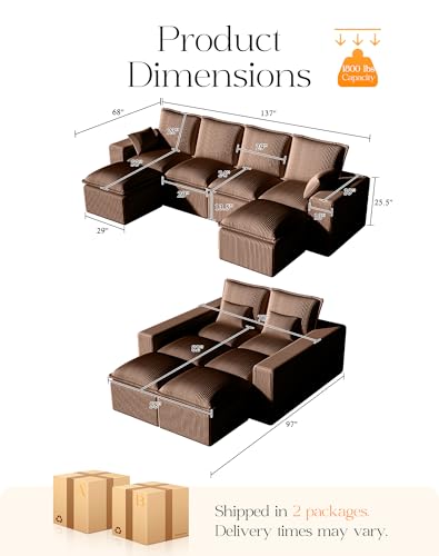 107" Comfy Cloud Couch with L-Shape Chaise & Deep Seat, Modular Sectional Sofa in a Box, Boneless Upholstered Couches for Living Room, No Assembly Required (Soft Corduroy, Black)