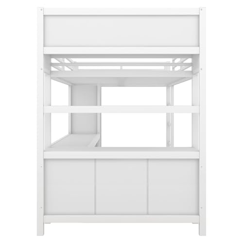 Linique Metal Loft Bed with Wardrobe & L-Shaped Desk - Sturdy Space-Saving Loft Bed Includes Storage Cubes, Shelves for Kids, Teens, Adults (White, Queen)