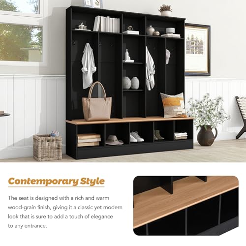 Wide Hall Tree with Shoe Storage Bench, Minimalist Entryway Bench with Coat Rack, Cube Storage and Shelves, Multifunctional Mudroom Bench with Storage and 8 Hooks for Entryway, Hallway (White)