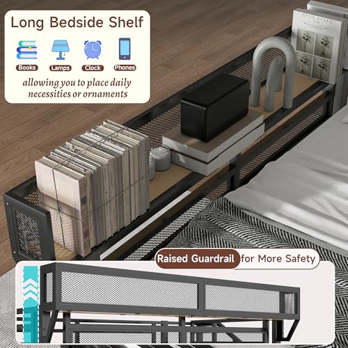 Full Size Loft Bed with Stairs and Storage, Metal Loft Bed Frame with Bedside Shelf and Large Under-Bed Space, Heavy-Duty Bed for Adults Teens and Kids, Black