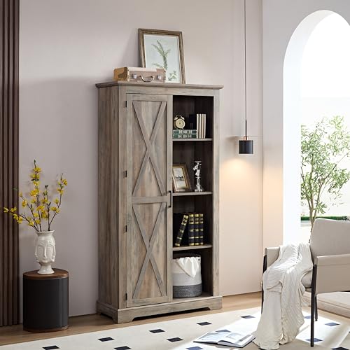Rustic Farmhouse Tall Storage Cabinet Bookcase with Sliding Barn Door, Adjustable Shelf, Pantry Cupboard Kitchen Organizer Furniture Home Drawer Shelves