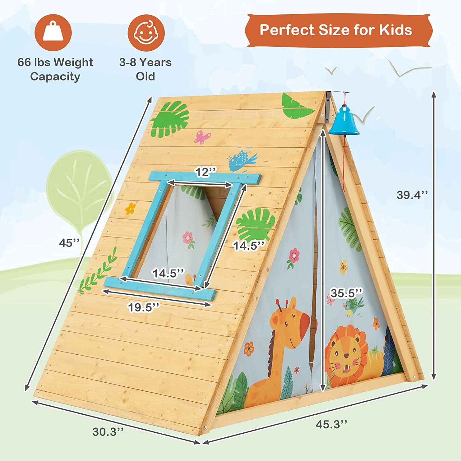 Triangle Climber with Tent, Kids Hideaway Play Tent & Rock Wall Climbing, Waterproof Tent Cover for Indoor Outdoor, Ring Bell, Wooden Climbing Triangle Crawling Tunnel Toy for Toddlers