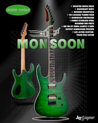 Leo Jaymz Electric Guitar Monsoon Series,Reverse Headstock,Mahogany Body,Roasted Maple Neck,Rosewood Fretboard,Locking Tuners,Rounded End Frets,AlnicoV Pickups,Fixed Bridge (Blue Flame)