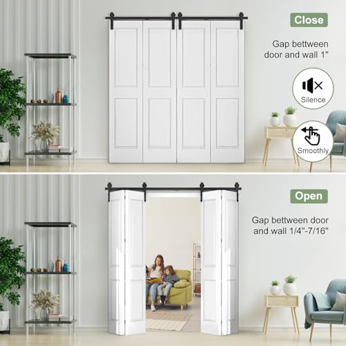 72"/6FT Bi-Folding Sliding Barn Door Hardware Track Kit for 4 Closet Door, Side Mount Roller, Heavy Duty, Slide Smoothly Quietly, Easy Install, Black(No Door)