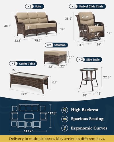 Luxury Patio Furniture Set with 6-inch Thick Cushion, Outdoor Couch and High Back Swivel Rocker Patio Chairs, 7PCS Wicker Conversation Set for Deck, Yard, and Poolside in Blue (V2)