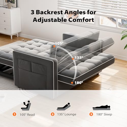 Pipishell 3 in 1 Convertible Sleeper Sofa Bed,Pull Out Couch for Living Room with USB Ports & Side Pockets,Adjustable Backrest,Velvet,Loveseat Sofa Bed,Futon Couches,Black
