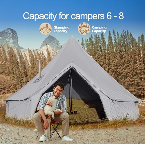 Cotton Canvas Bell Tent, Waterproof Large Tents with Sturdy Center & Door Pole and Space for 4/6/8 Person All 4 Season Camping Yurt Tent