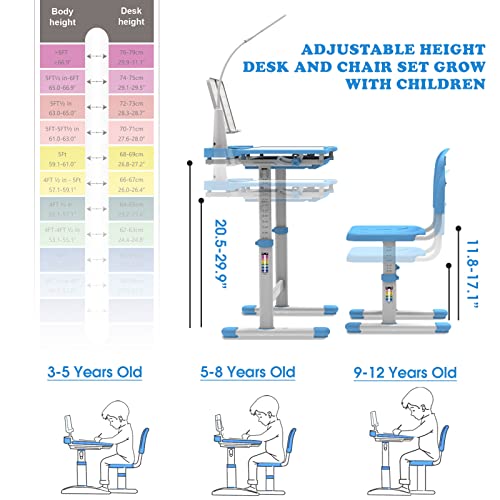 BELANITAS Kids Desk and Chair Set 5-8 Year Old, Desk for Kids Room 8-12, Height-Adjustable Children Desk with 40-Degree Tilted Desktop, Kids Study Desk and Chair Set for School, Green