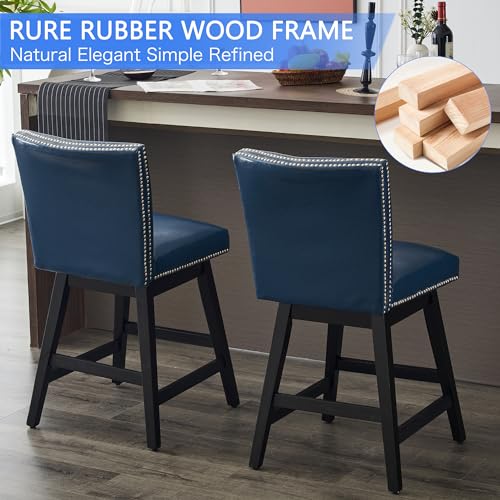 Swivel Bar Stools Set of 2 - Counter Height Bar Stools with Back, Free 360° Swivel, Nail Head Design, Upholstered, Solid Wood Frame for Farmhouse, Rustic & Nordic Style Bars, White