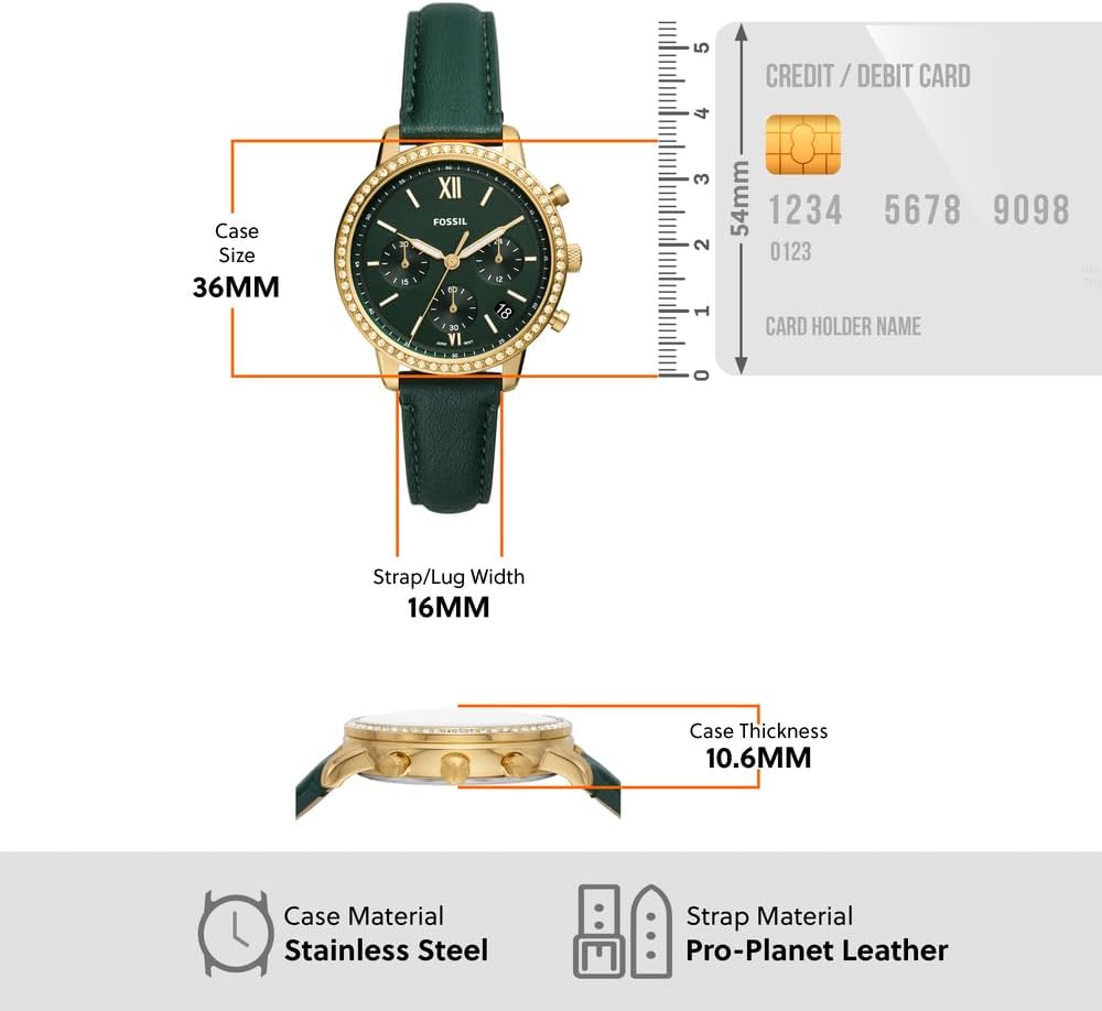 Fossil Women's Neutra Quartz Stainless Steel and Eco Leather Chronograph Watch, Color: Gold, Green (Model: ES5239)
