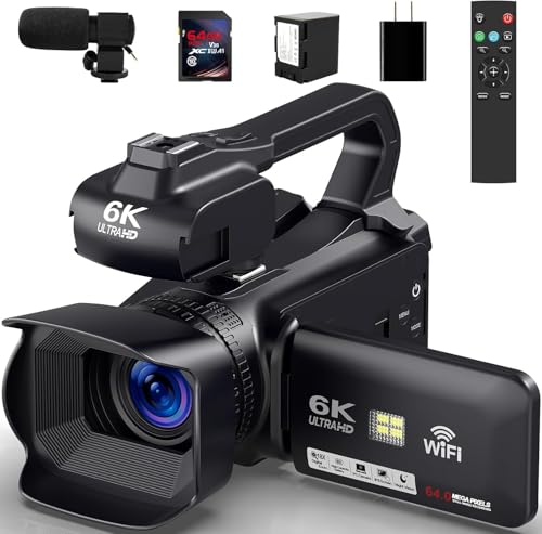 6K Camcorder Video Camera 64MP IR Night Vision Vlogging Camera for YouTube 18X Digital Zoom 4.0 Inch Touch Screen Video Camera with WiFi, Microphone, Remote Control, 64GB SD Card,Stabilizer
