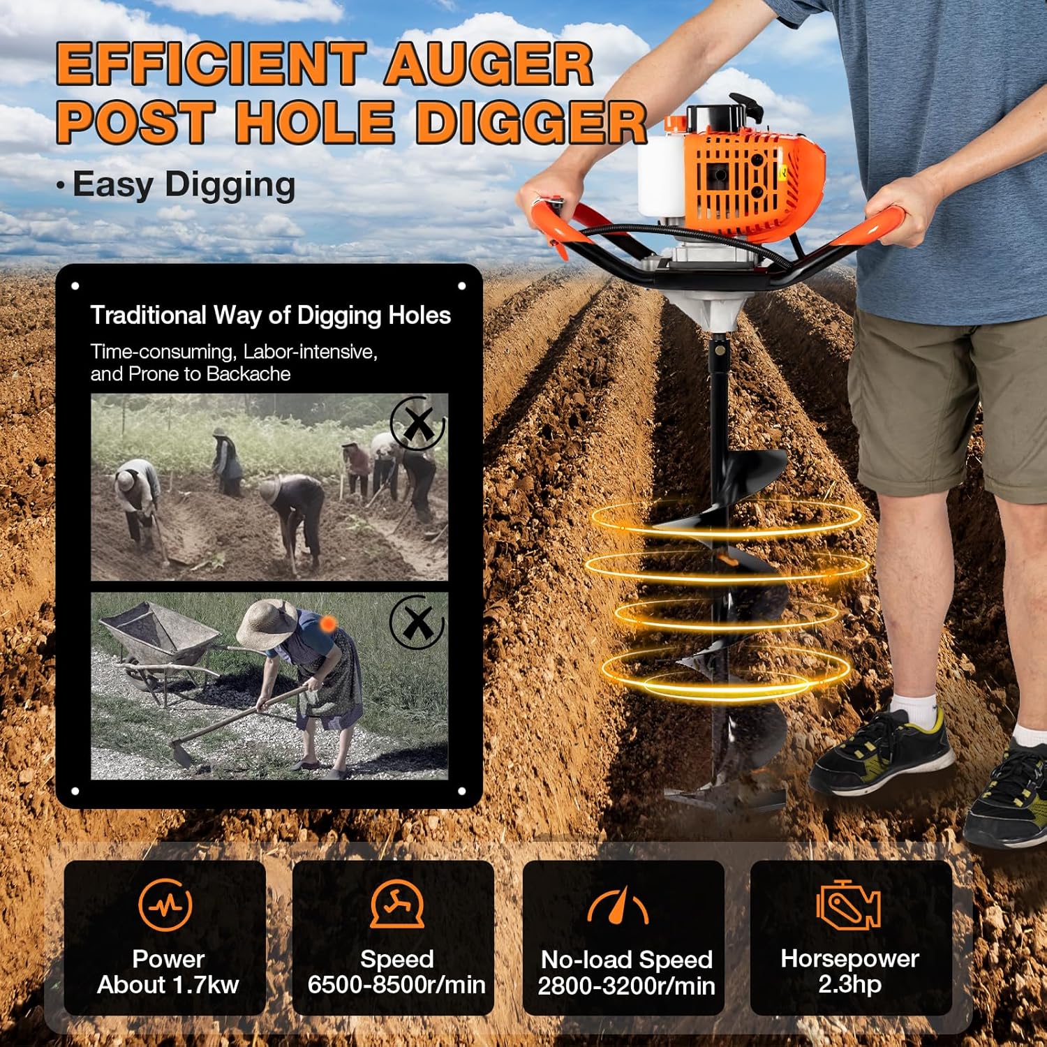 52cc Gas Powered Earth Auger Post Hole Digger Borer Fence Ground Drill with 4", 6", 8" Bits - Powerful 2-Stroke Engine, for Farm Garden Digging/Drilling/Planting (Subcontract delivery)