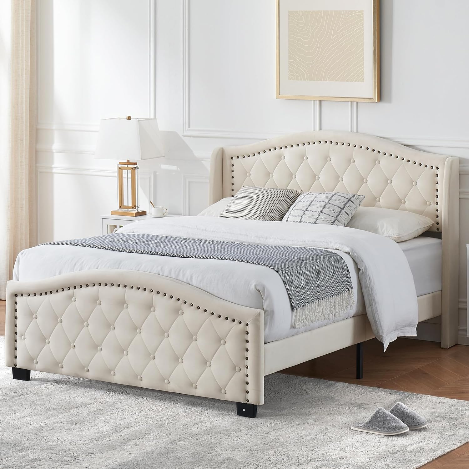GAOMON Queen Size Upholstered Platform Bed Frame with Tall Headboard, Luxurious Velvet Button Tufted and Nailhead Trim Wingback, Arched Footboard, No Box Spring Needed, Beige