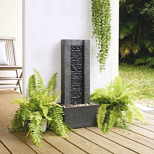 Teamson Home Demeter Waterfall Water Fountain with LED Lights and Pebble Stones for Patio Garden Backyard Decking Décor, 29.25 inch Tall, Gray