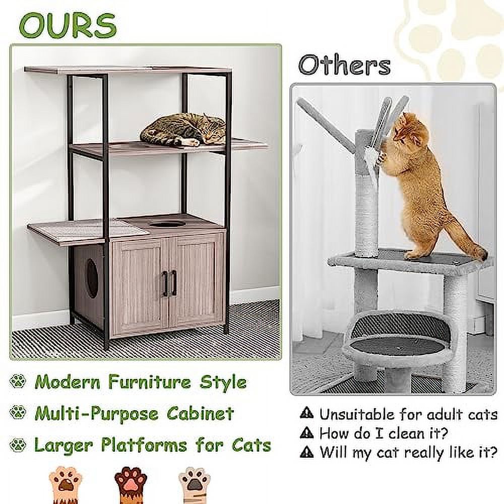 TOLEAD Cat Tree with Litter Box Enclosure, Modern Cat Litter Box Furniture Hidden with Cabinet for Large Cats, Metal Frame 3-Tier Cat Tower, 3 Removable Washable Cushions…