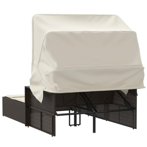 Double Sun Lounger with Canopy and Cushions Brown Poly Rattan,Double Sun Lounger with Adjustable Backrest and Retractable Canopy for Enhanced Outdoor Relaxation Sun Loungers, Chaise Lounges, Patio Fur