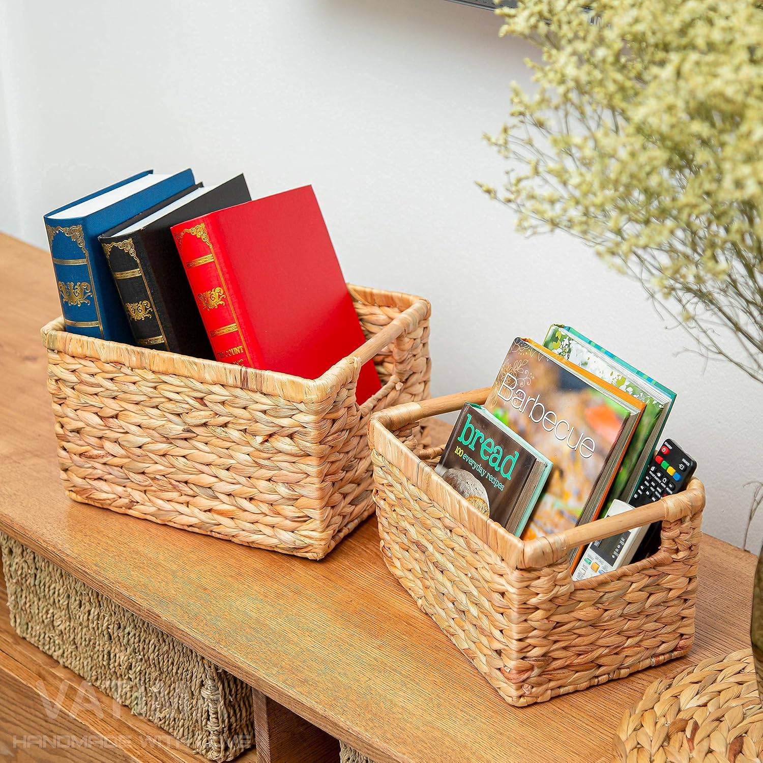 VATIMA Large Wicker Basket Rectangular with Wooden Handles for Shelves, Water Hyacinth Basket Storage, Natural Baskets for Organizing, Wicker Baskets for Storage 14.5 x 10.3 x 7.2 inches