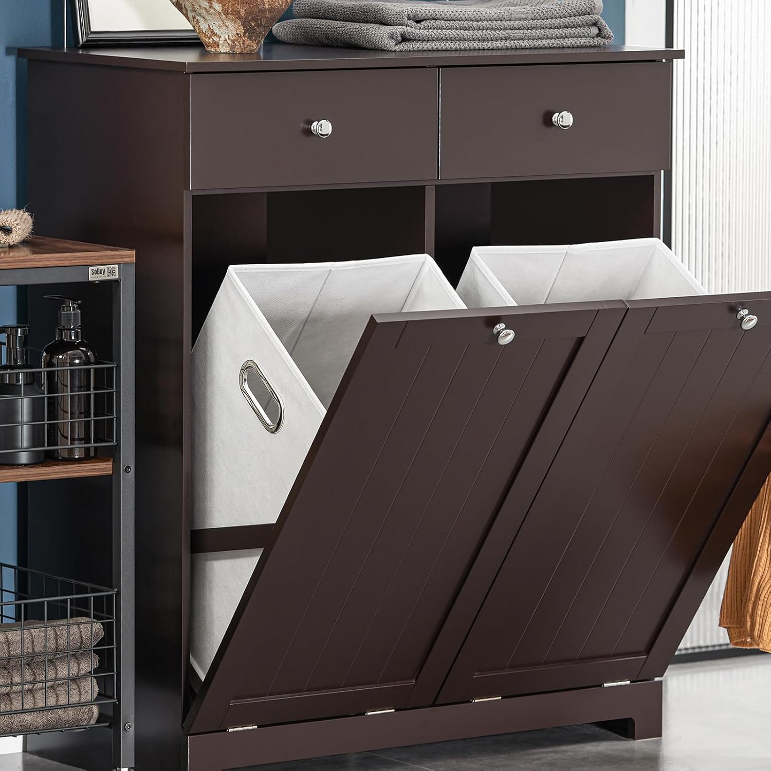 Haotian Laundry Hamper Cabinet with 2 Drawers and Wall Cabinet, BZR33-BR+FRG231-BR
