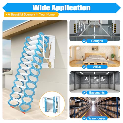 12 Steps Folding Attic Ladder Pull Down System, Wall Mounted Multifunctional Loft Ladder, Blue and White Retractable Collapsible Ladder with Armrests for Attics & Basements