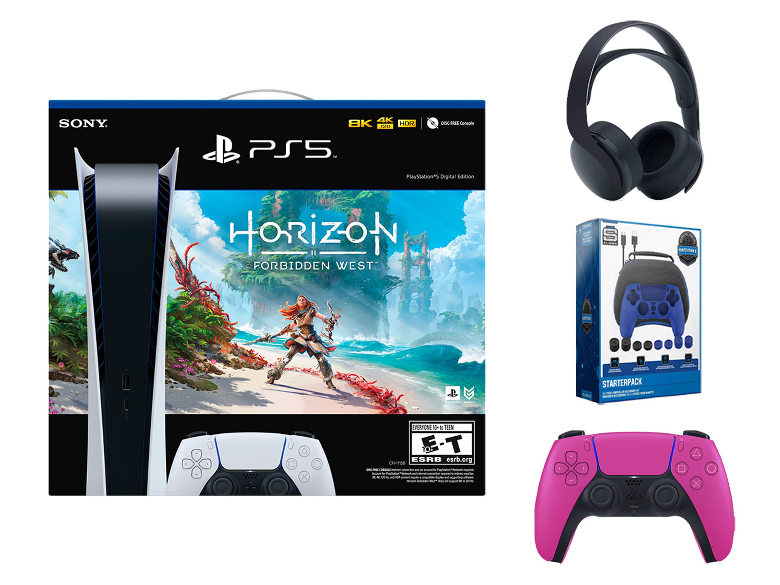 Sony Playstation 5 Digital Edition Horizon Forbidden West Bundle with Extra Pink Controller, Black PULSE 3D Wireless Headset and Surge Pro Gamer Starter Pack 11-Piece Accessory Kit