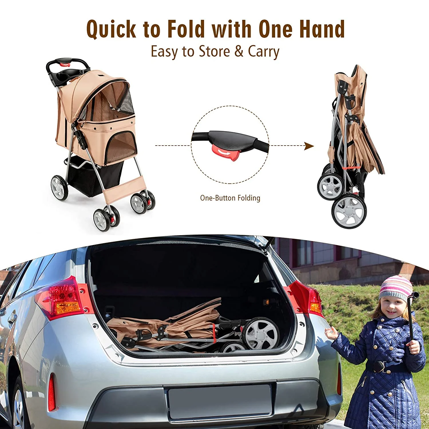 Folding Dog Stroller, Pet Stroller for Small Medium Dogs Cats Puppy, 4 Lockable Wheels Cat Stroller Travel Carrier Strolling Cart with Safety Belt, Removable Liner and Storage Basket (Navy)