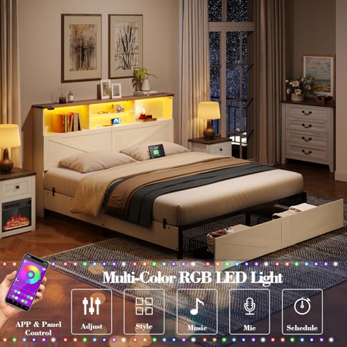 Twin Bed Frame with Bookshelf, Bookcase High Headboard with Charging Station and LED Light, Farmhouse Bed with Storage Drawers, No Box Spring Needed, Noise Free, Easy Assembly, Antique White