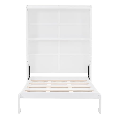 Queen Murphy Bed Folded to Wall Wooden Cabinet Bed with Cushion, Hidden Bed Folding Wall Bed for Guest Bedroom, Space Saving Design & Easy Assembly (White)