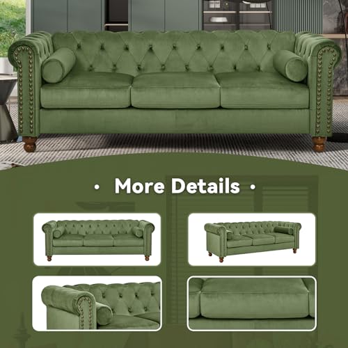 74.5" Velvet 3 Seater Sofa Sofa Couch Chesterfield Sofa Tufted Couch with 2 Pillows for Living Room Apartment Office Lounge Green