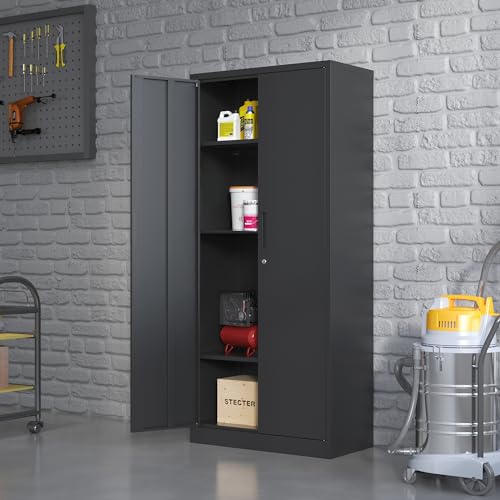 Metal Storage Cabinet with Wheels, Lockable Garage Cabinet with Doors and Shelves, Rolling Tool Storage, Assembly Required, Black