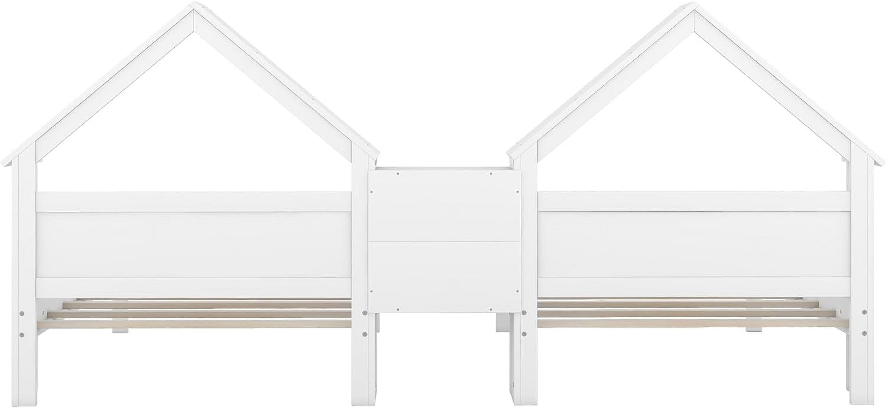 Double Bed Frames For Kids,Wood Double House Bed With House-Shaped Headboard And A Built-In Nightstand, Side By Side Montessori Bed For Kids Girls Boys,White