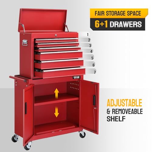 TUFFIOM 5-Drawer Rolling Tool Chest Storage Cabinet w/Drawers, Wheels, Detachable Top & Adjustable Shelf, Mechanic Tool Organizer Box for Garage, Workshop, Warehouse & Repair Shop, Red & Black