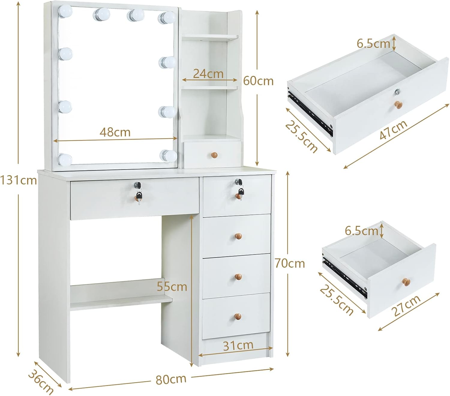 Girls Makeup Vanity with Sliding Mirror and Lights for Home, Hollywood Style Vanity Desk with Lockable Drawers and Cabinets, Dressing Cosmetic Table with Soft Chair for Girls