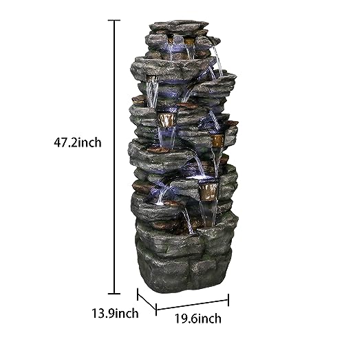 watnature Large Outdoor Water Fountain - 47 1/5” H 9-tier Outdoor Garden Fountain with LED Light, Stone-Liking Natural Looking Resin Waterfall Feature for Patio, Garden, Lawn, House&Office Decor