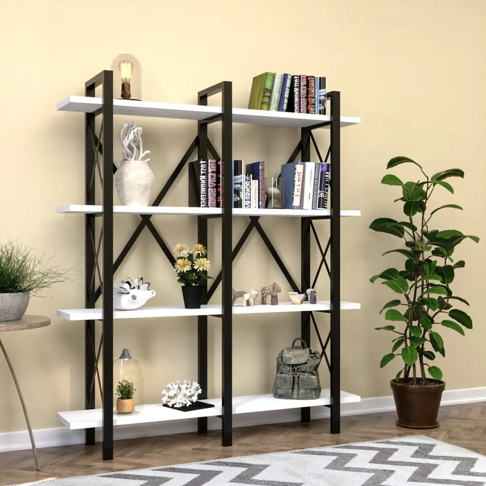 Cunda Metal Frame Etagere Open Back 5 tier Bookcase industrial rustic wood book shelf Walnut