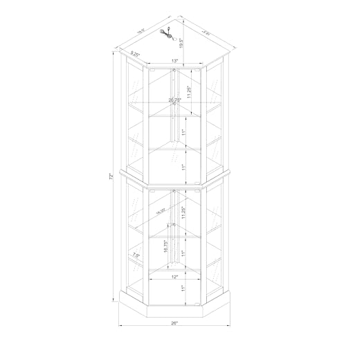 Goujxcy 72" Tall Corner Display Cabinet Lighted Curio Cabinet, 6-Tier Wood Curio Showcase Collection Art Display Case, Bar and Liquor Storage Area with Glass Doors and Adjustable Shelves (Cherry)