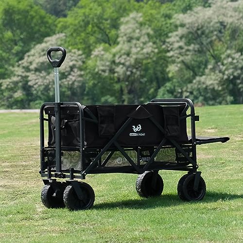 Collapsible Double Decker Wagon with Tailgate, Heavy Duty Foldable Wagon with All-Terrain Big Wheels, Beach Wagon for Camping, Sports, Shopping, Garden Black