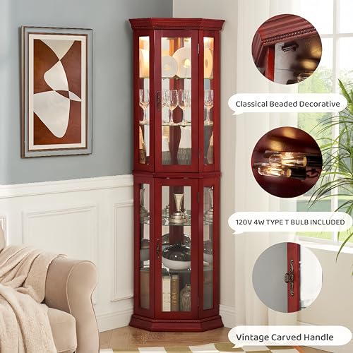 Corner Curio Cabinet Lighted Display 69.59 inch with Glass Doors & 4 Adjustable Glass Shelves & Classical Metal Handles - Perfect for Collectibles,Cherry(Light Bulbs are Included)