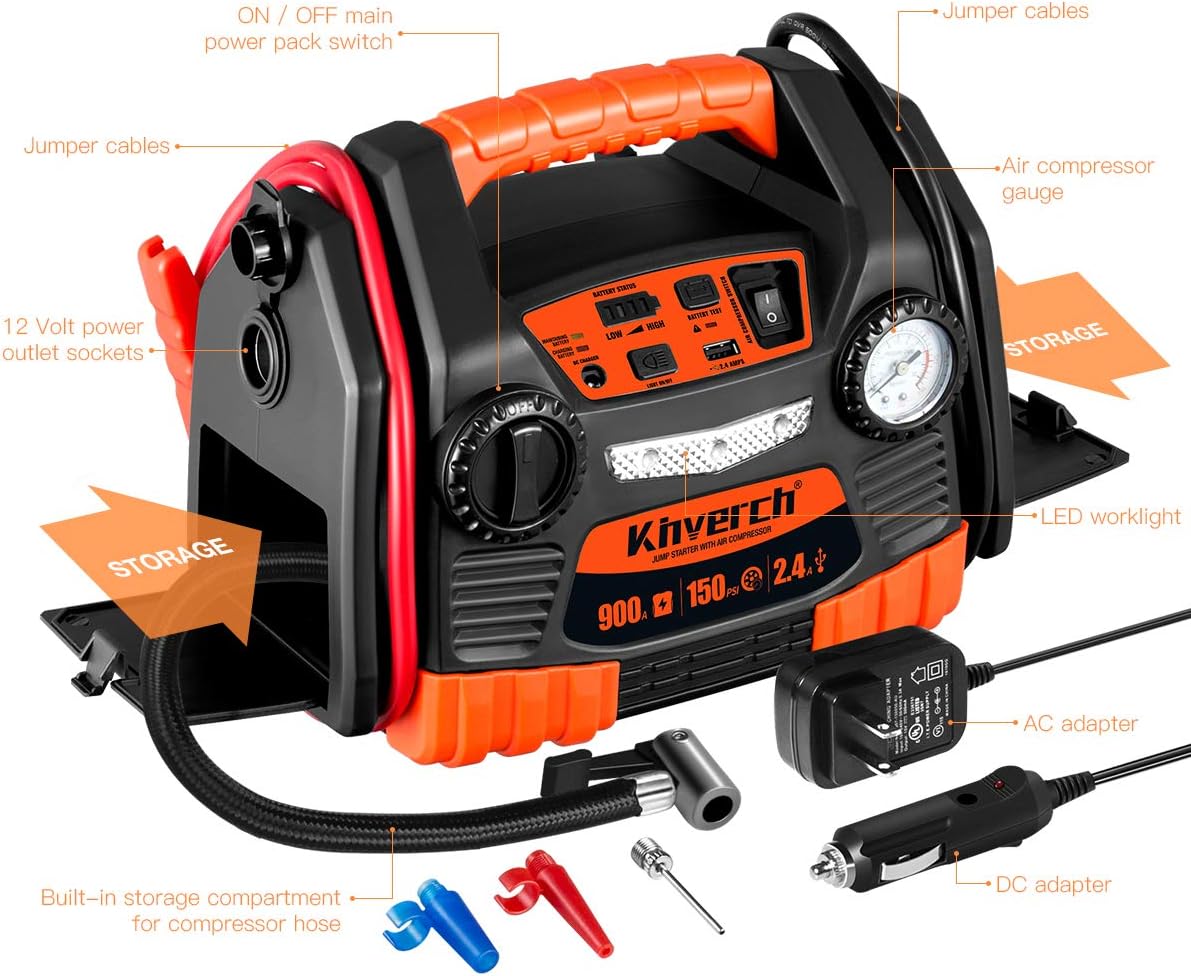 Kinverch Portable Car Jump Starter 1000 Peak Amp 12-Volt with 1-USB 1-12V Power Ports & 150 PSI Air Compressor
